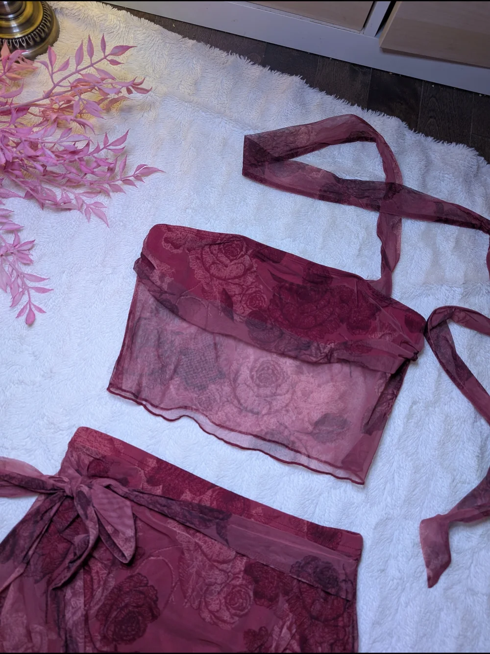 Cider Sheer Floral Two-Piece Set - Burgundy - Picture 4 of 8